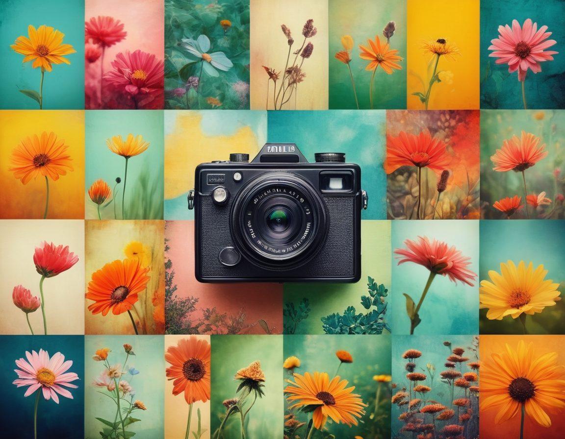 A whimsical collage showcasing diverse artistic image collections, featuring vibrant photos of nature, abstract art, and candid moments in a visually appealing layout. Include elements like paintbrushes, a camera, and digital devices to represent the concept of photo sharing. Surround the collage with bright colors and soft light to evoke creativity and inspiration. Enhance with a dreamy atmosphere and ethereal floating shapes for a magical touch. vibrant colors. ethereal. collage style.