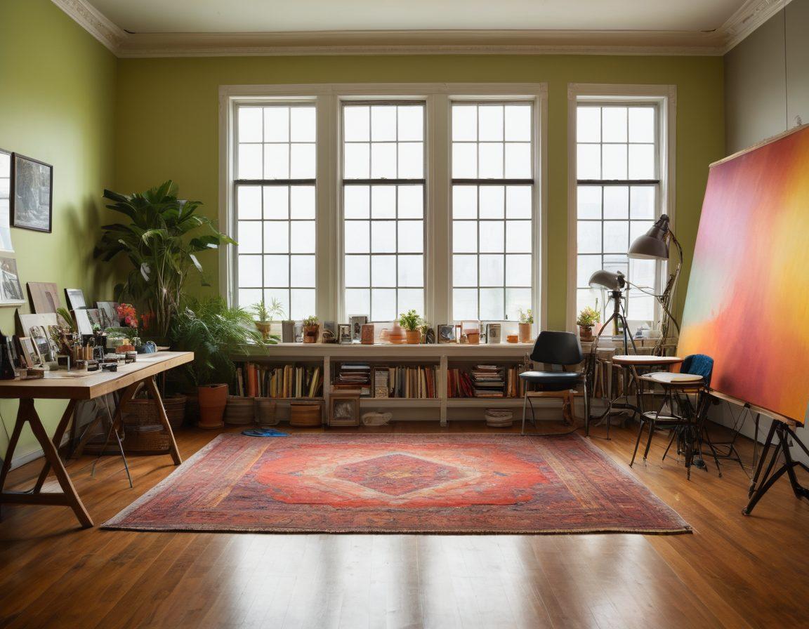 A vibrant and inviting photography studio setting, showcasing a diverse group of photographers engaged in discussions and capturing stunning images. Include various artistic photo collections on display, along with cameras and photography equipment strewn across a table. The background features inspirational photography quotes on the walls, and a large window allowing natural light to pour in. Highlight creativity and collaboration among enthusiasts. super-realistic. vibrant colors. soft focus.