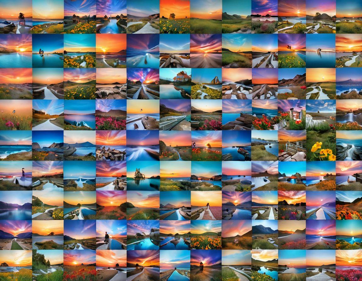 A captivating collage showcasing a variety of stunning photo uploads, featuring vibrant and artistic snapshots like landscapes, portraits, and abstract art, arranged beautifully in a digital gallery format. Add elements like camera icons and color palettes to emphasize creativity and mastery in photography. The background should be a soft gradient that enhances the colors of the photographs. super-realistic. vibrant colors. digital art.